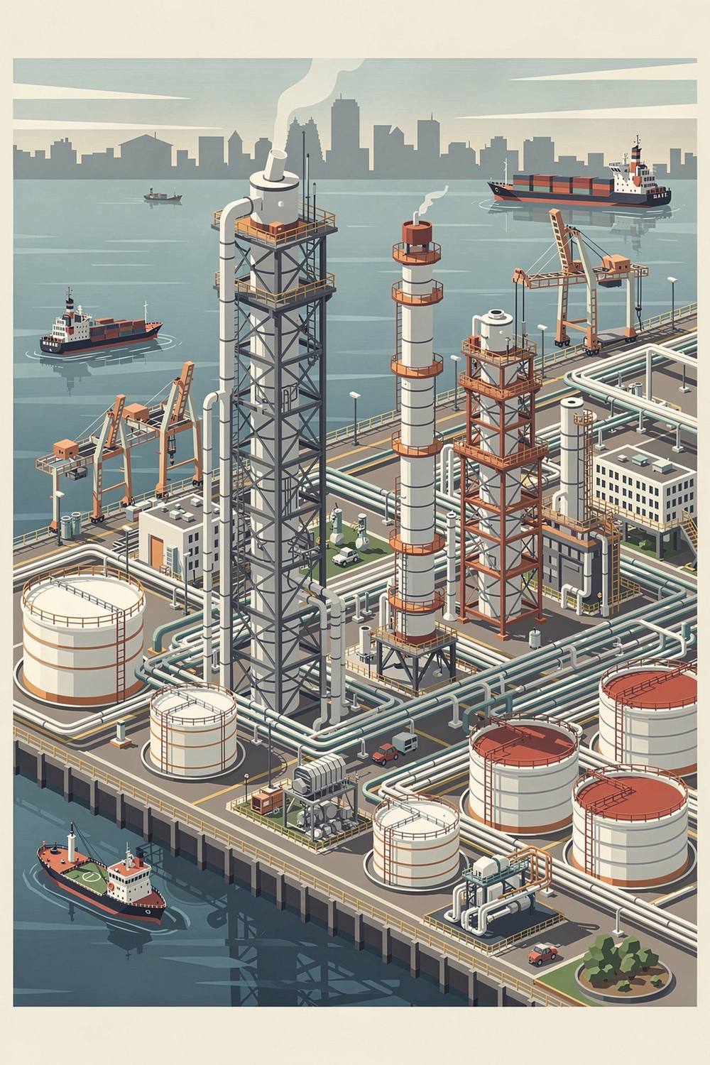 Illustration of a port-side specialty oils complex with tank farm, process columns and ships